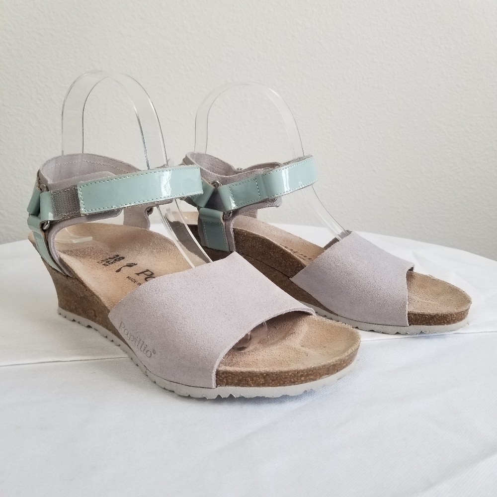 Papillio By Birkenstock Eve Wedge Suede Sandal in Blue Grey Size 7-7.5 Narrow